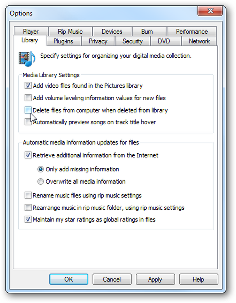 Settings library. Windows Media Player Media Library. Missing information. Windows Media Center.