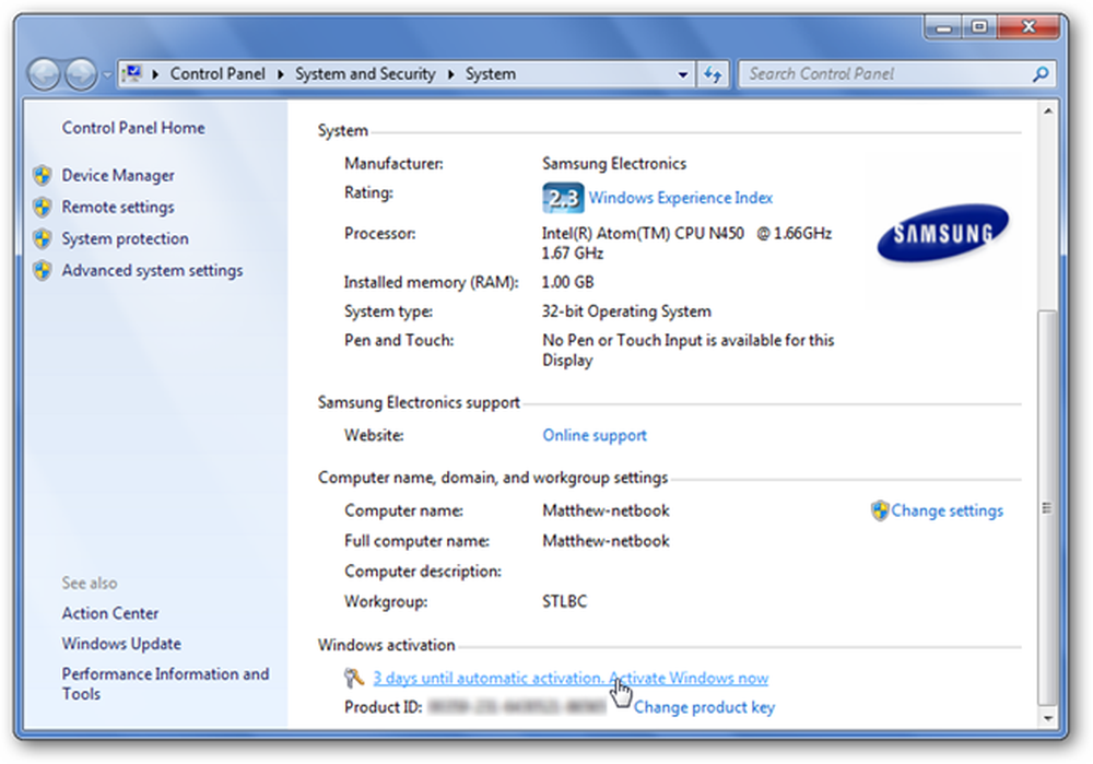 Windows act. Samsung Electronics Windows 7 Control Panel System.