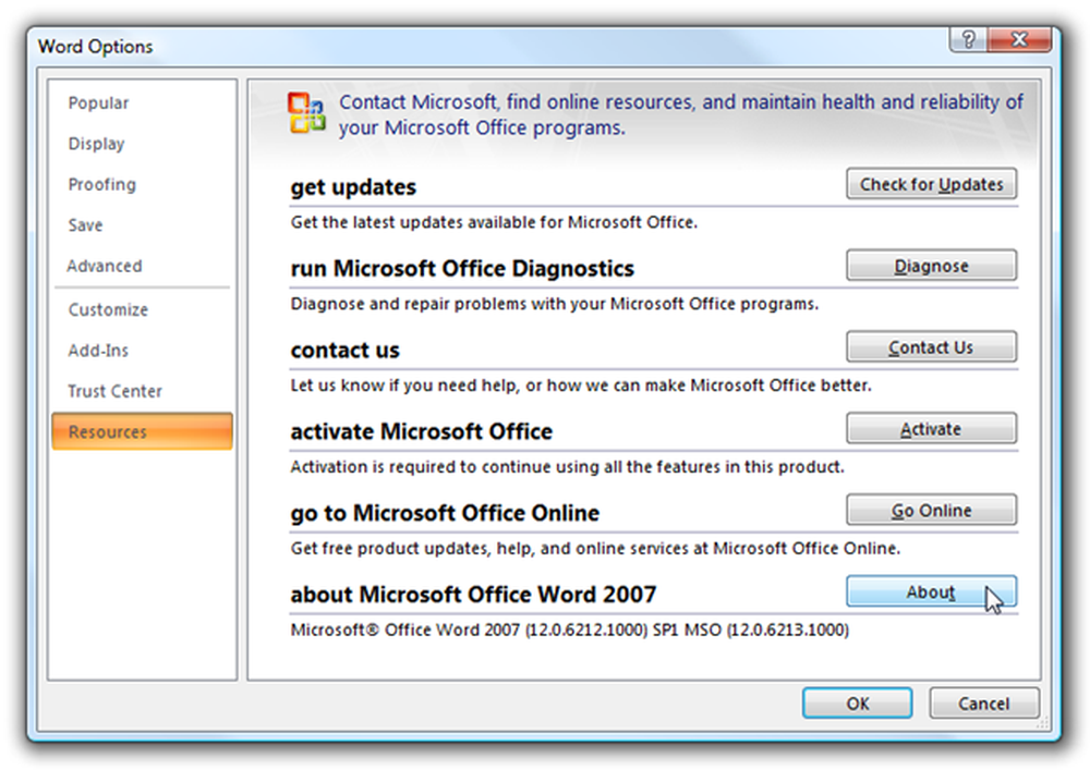 Cách xem hộp thoại giới thiệu và thông tin phiên bản trong Office 2007 /  làm thế nào để | Những bài học tốt nhất về phát triển web.