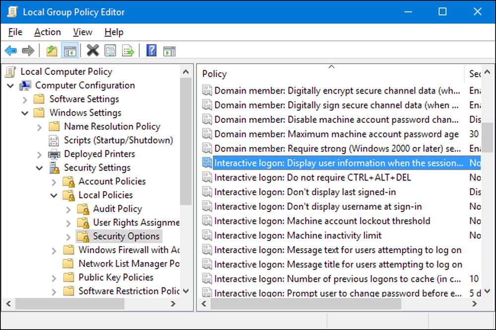 Policy editor. Local Security Policy. Security options. "Local (domain) Security Policy". Interactive options.