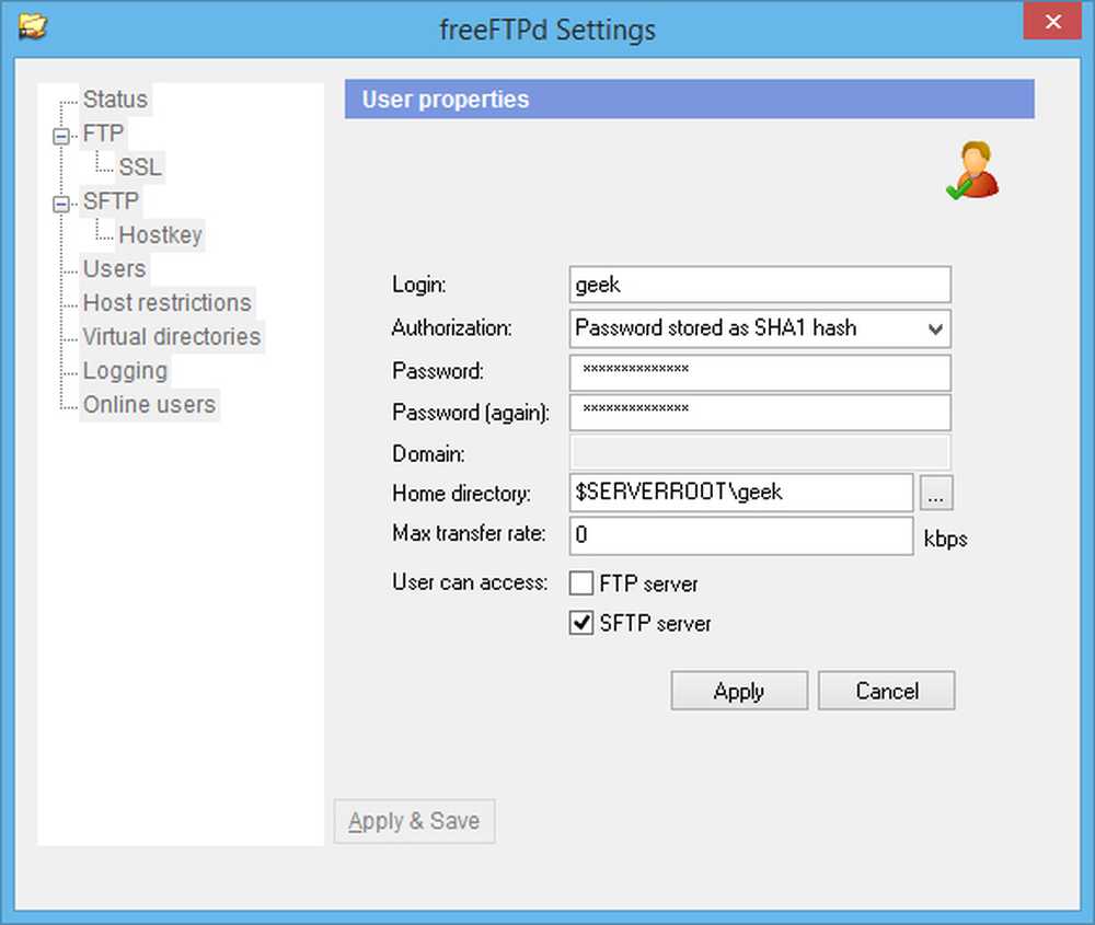 Users properties. Настройки SFTP. SFTP сервер Debian.